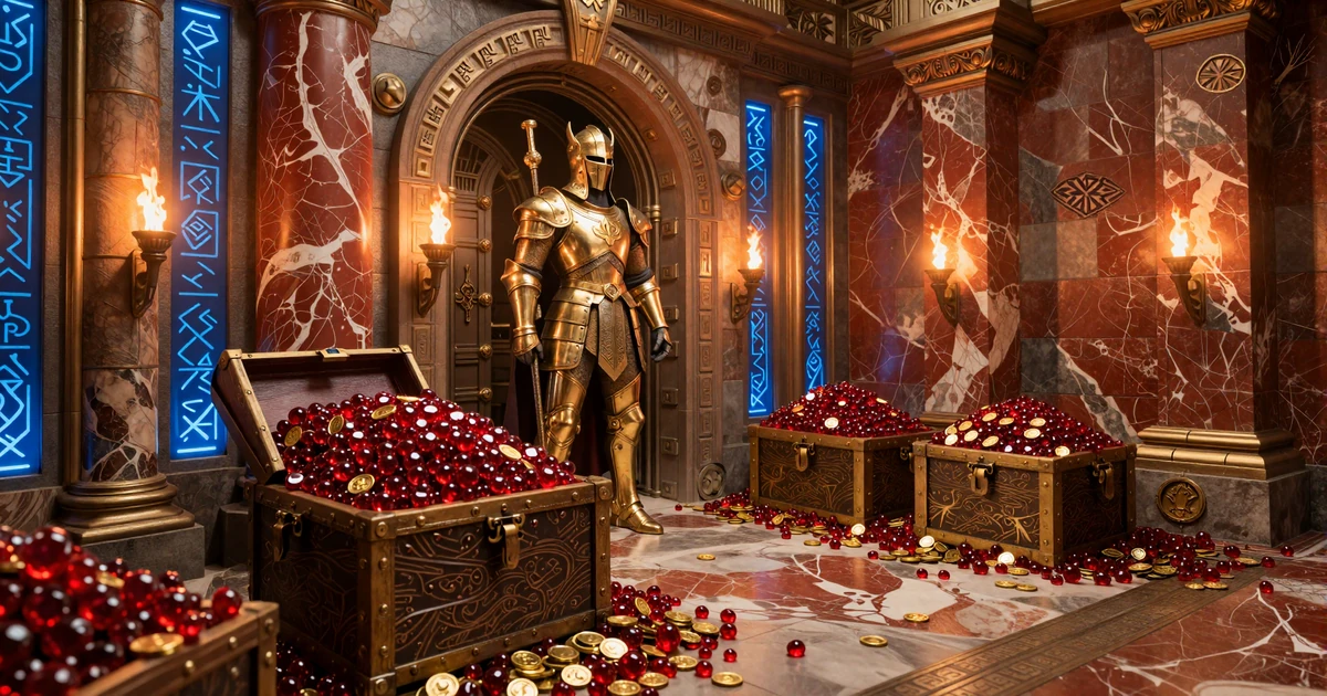 Goldener Ritter bewacht Schatzkammer mit Rubinen und Goldm&uuml;nzen im 1Red Casino FAQ Hero
