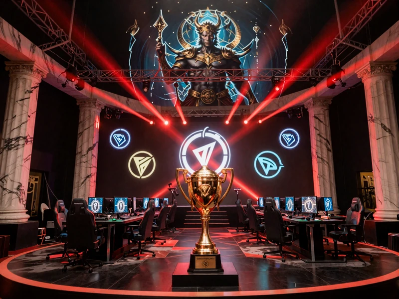 Esports Arena bei Nacht mit roten B&uuml;hnenlichtern und goldener Troph&auml;e f&uuml;r 1Red Casino CS:GO Dota 2 LoL Wetten