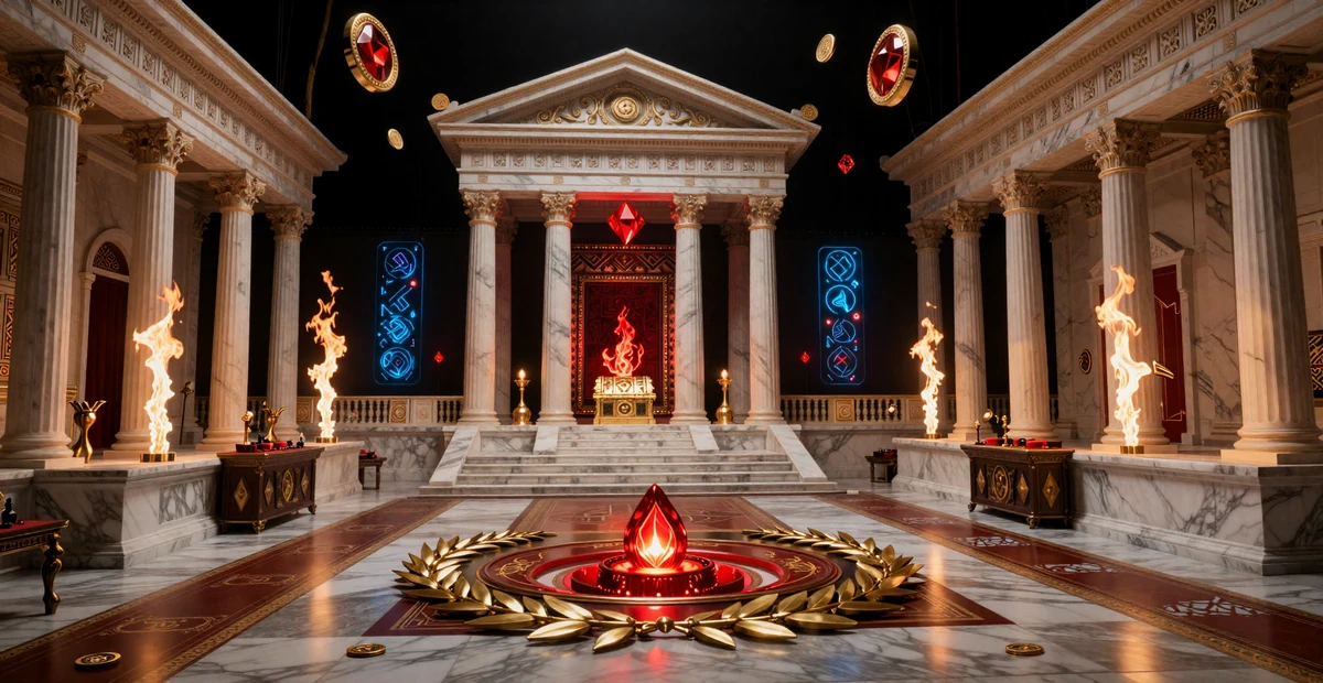 Mythologisches Casino-Reich mit goldenem Tempel und Ember-Glow im 1Red Casino Stil